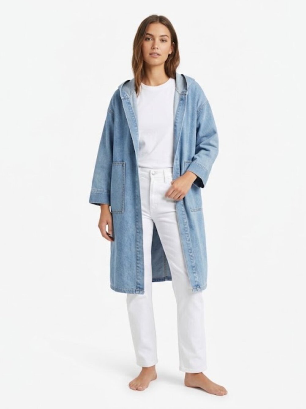 Thirty 6 Point 5 Denim Duster Coat Hooded Lightweight Trench Jacket Size Small